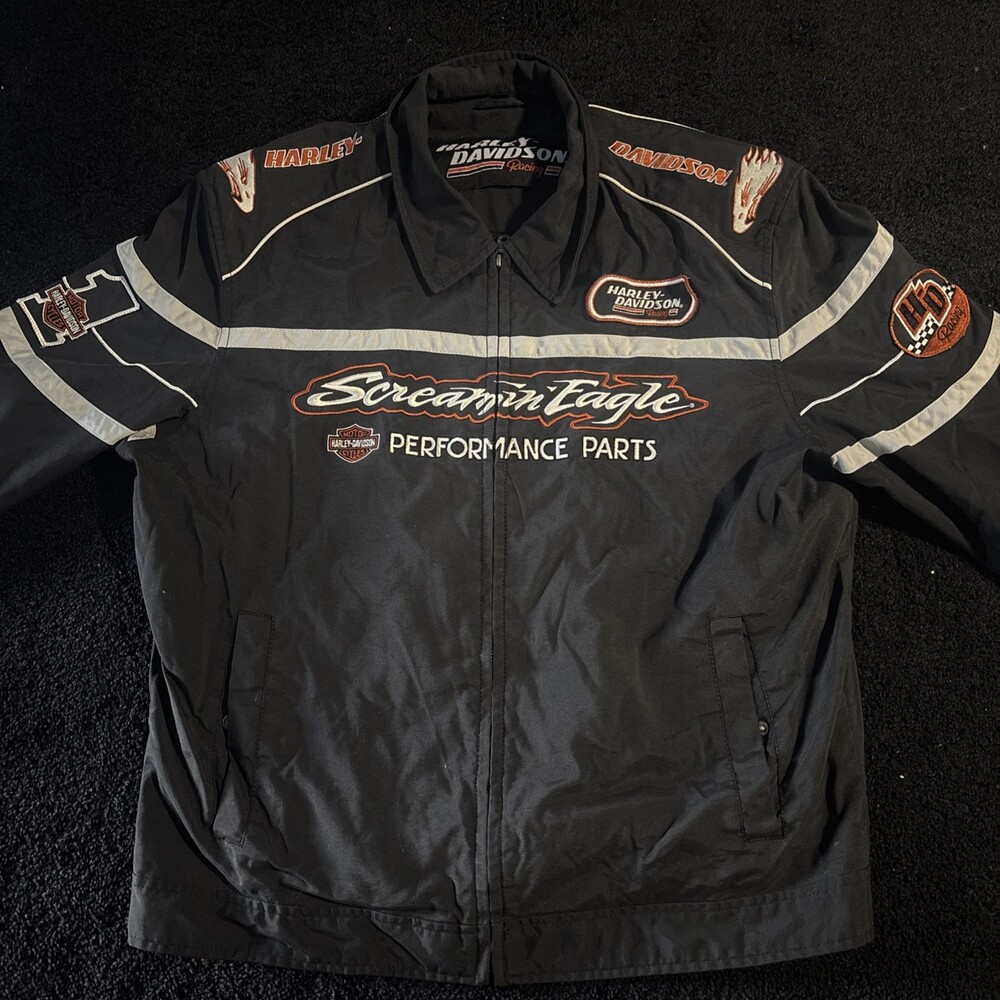Harley-Davidson Big Logo Embroidery Black Zip Jacket Mens L